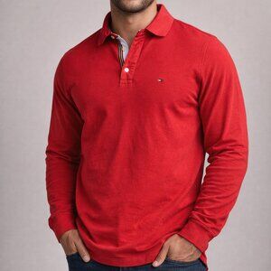 Retro Tommy Hilfiger Men’s Long Sleeve Polo Shirt Red Size XL Classic Logo